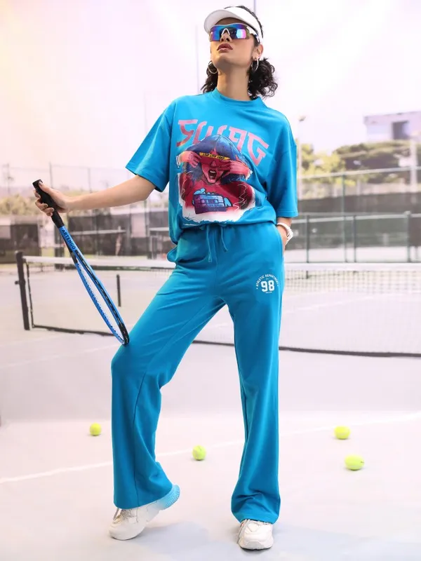 Tokyo Talkies Women Blue Printed Regular Fit Casual Trousers
