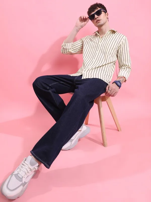  Ketch Men Yellow Striped Slim Fit Casual Shirts
