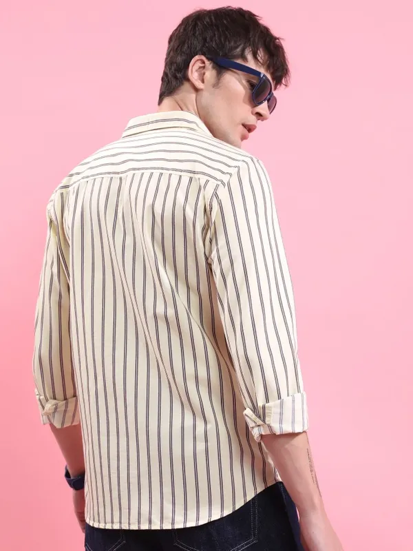  Ketch Men Yellow Striped Slim Fit Casual Shirts