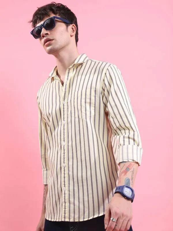  Ketch Men Yellow Striped Slim Fit Casual Shirts