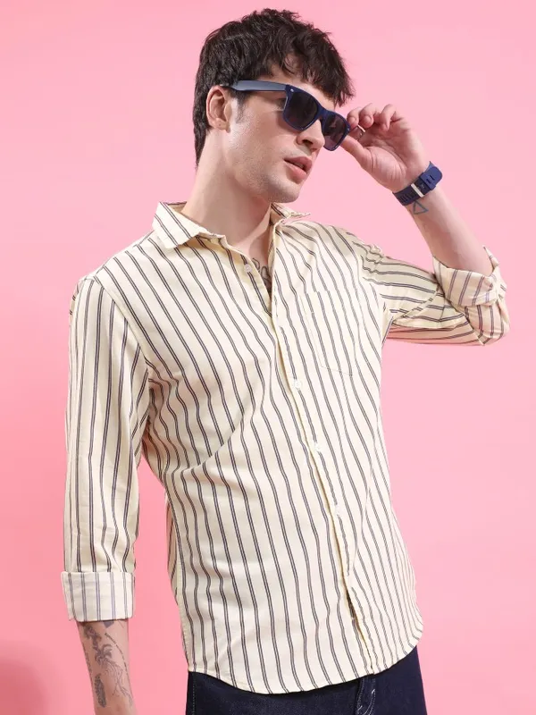  Ketch Men Yellow Striped Slim Fit Casual Shirts