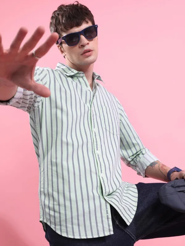  Ketch Men Green Striped Slim Fit Casual Shirts