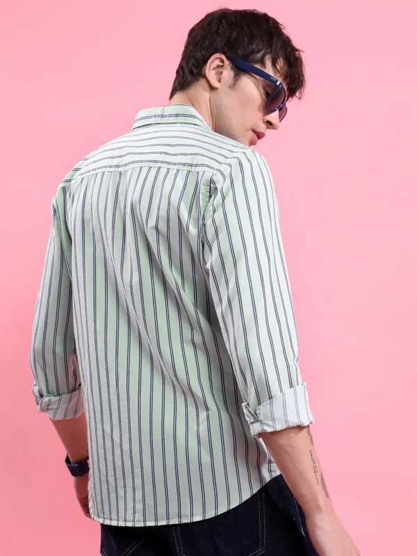  Ketch Men Green Striped Slim Fit Casual Shirts