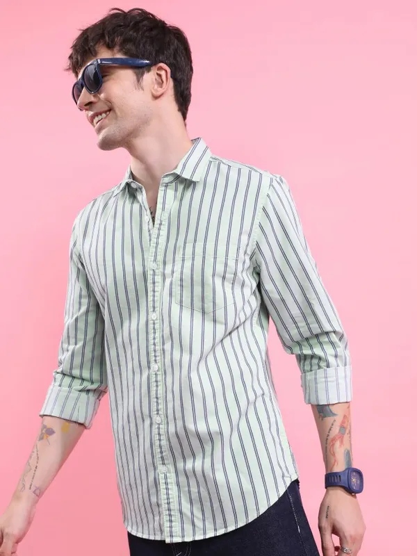  Ketch Men Green Striped Slim Fit Casual Shirts