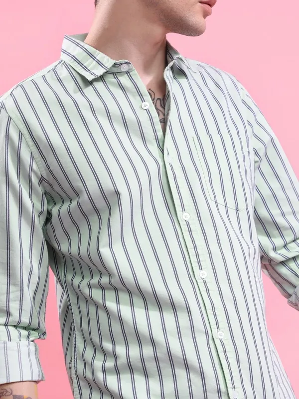  Ketch Men Green Striped Slim Fit Casual Shirts