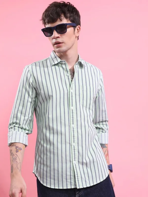  Ketch Men Green Striped Slim Fit Casual Shirts