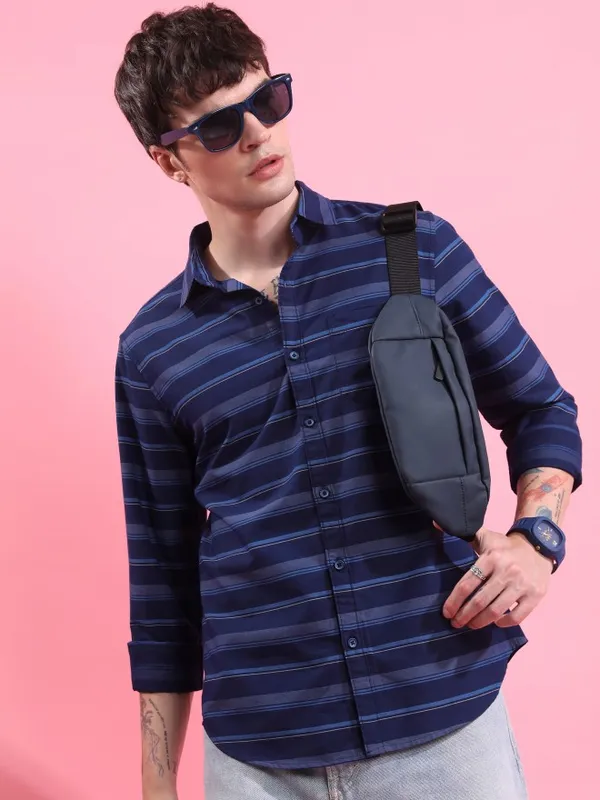  Ketch Men Navy Blue Striped Slim Fit Casual Shirts