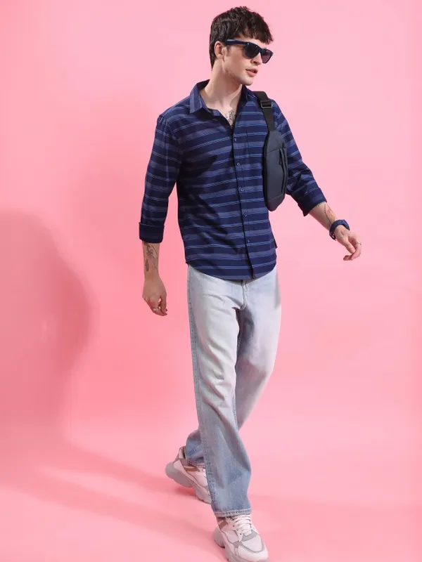  Ketch Men Navy Blue Striped Slim Fit Casual Shirts