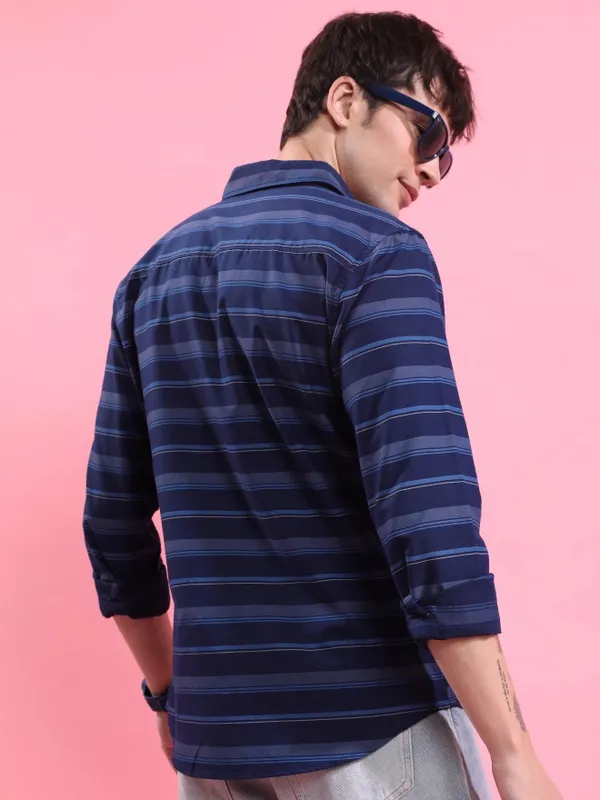  Ketch Men Navy Blue Striped Slim Fit Casual Shirts