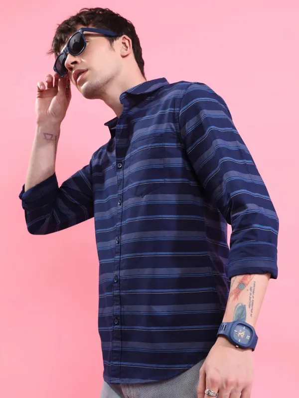  Ketch Men Navy Blue Striped Slim Fit Casual Shirts