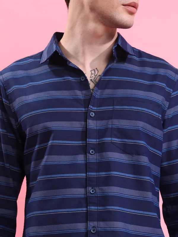  Ketch Men Navy Blue Striped Slim Fit Casual Shirts