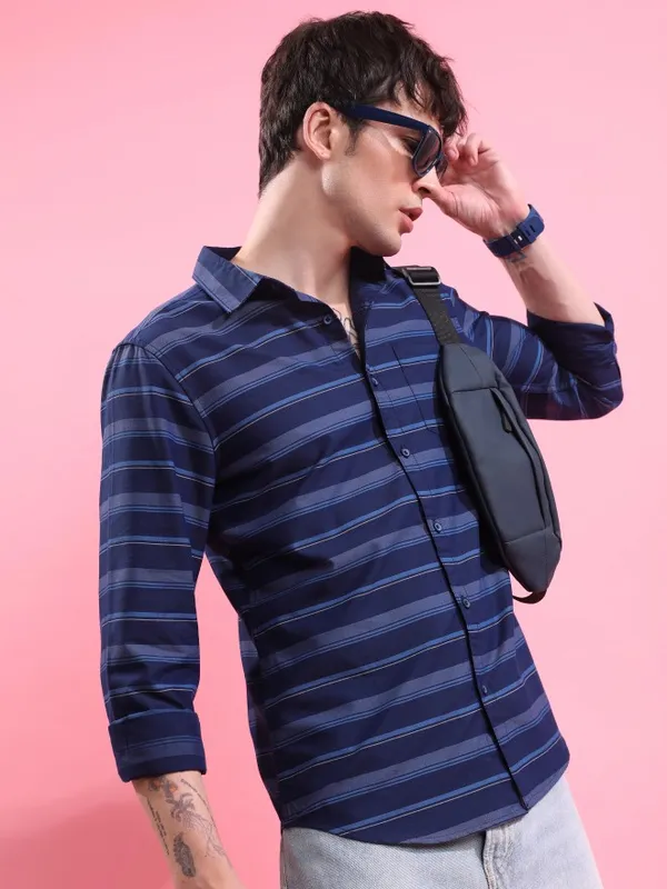  Ketch Men Navy Blue Striped Slim Fit Casual Shirts