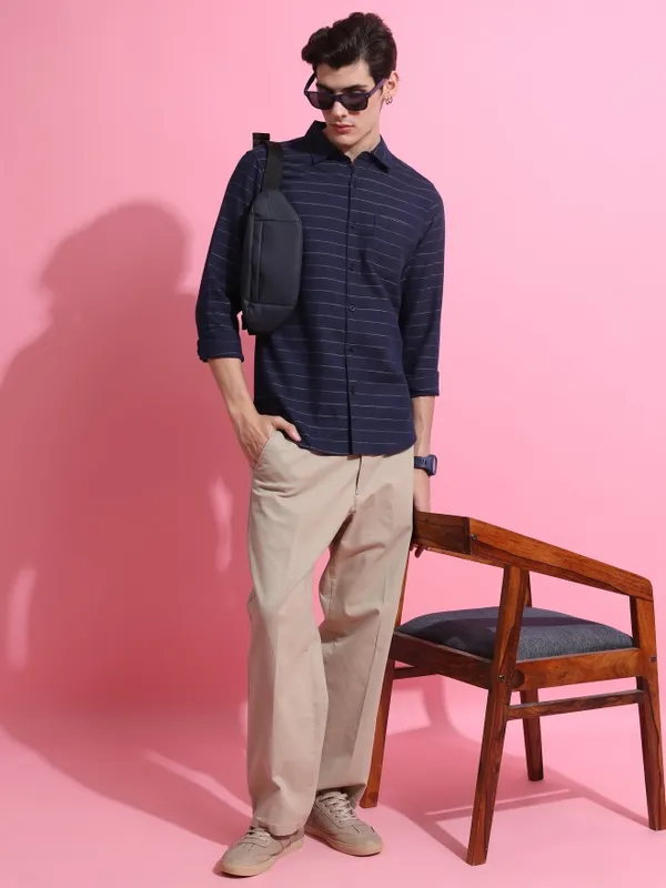  Ketch Men Navy Blue Striped Slim Fit Casual Shirts