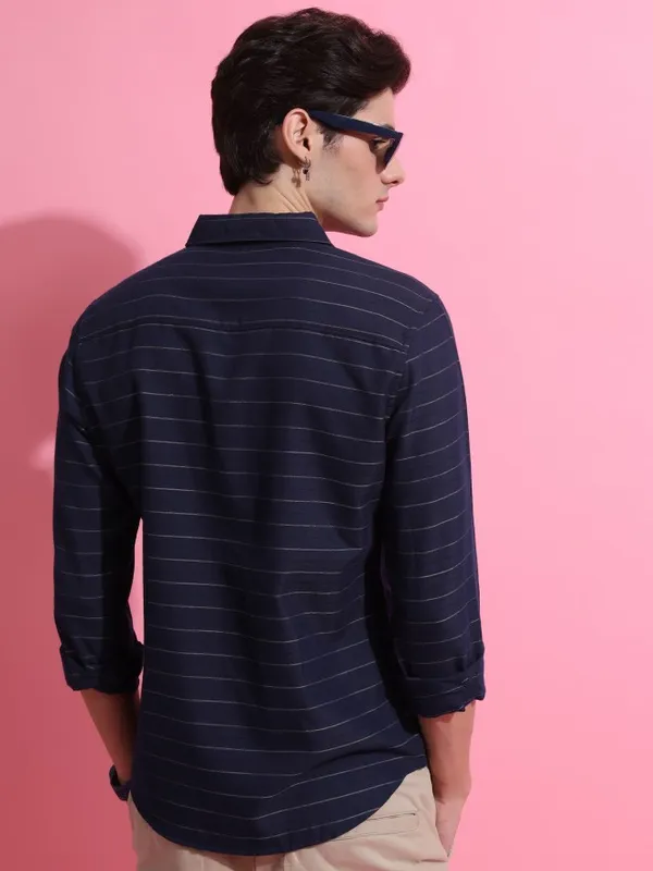  Ketch Men Navy Blue Striped Slim Fit Casual Shirts