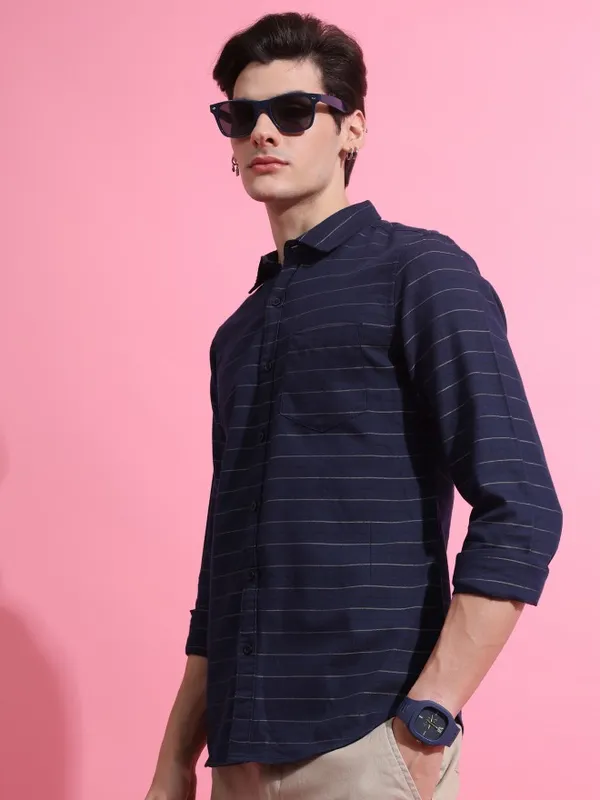  Ketch Men Navy Blue Striped Slim Fit Casual Shirts