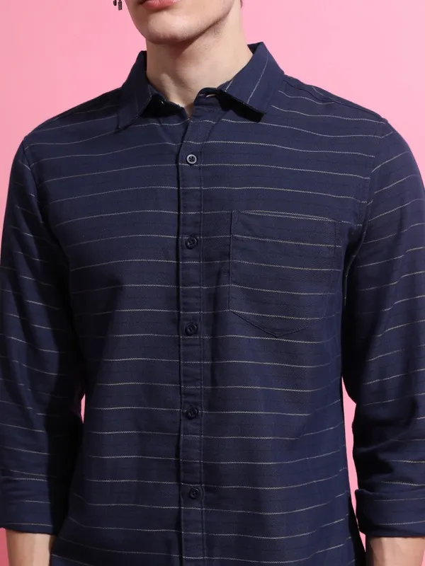  Ketch Men Navy Blue Striped Slim Fit Casual Shirts