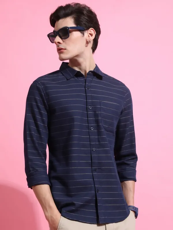  Ketch Men Navy Blue Striped Slim Fit Casual Shirts