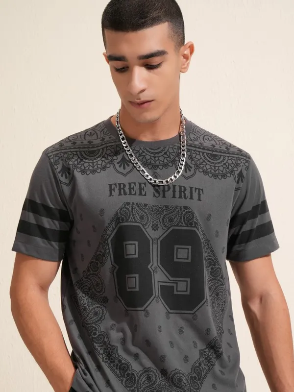 Highlander Men Charcoal Printed Round Neck Relaxed Fit T-Shirt