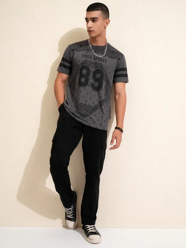Highlander Men Charcoal Printed Round Neck Relaxed Fit T-Shirt