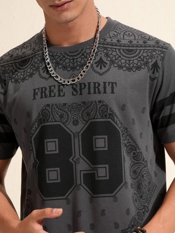 Highlander Men Charcoal Printed Round Neck Relaxed Fit T-Shirt