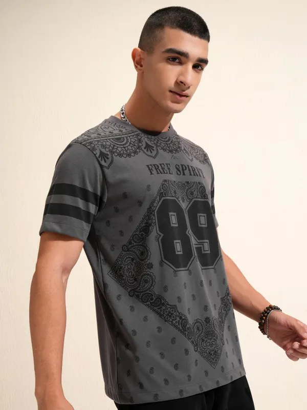 Highlander Men Charcoal Printed Round Neck Relaxed Fit T-Shirt