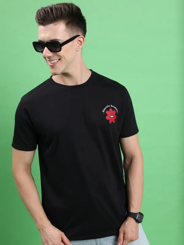  Ketch Men Black Printed Round Neck T-Shirts