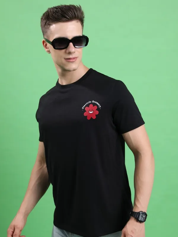  Ketch Men Black Printed Round Neck T-Shirts