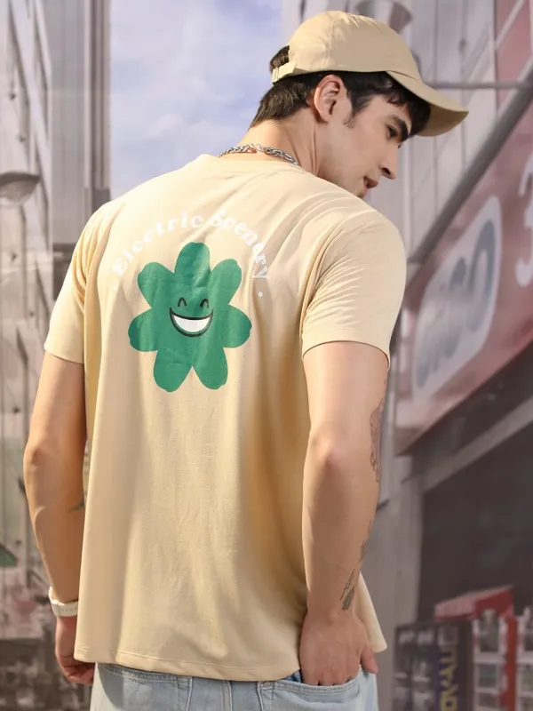  Ketch Men Beige Printed Round Neck T-Shirts