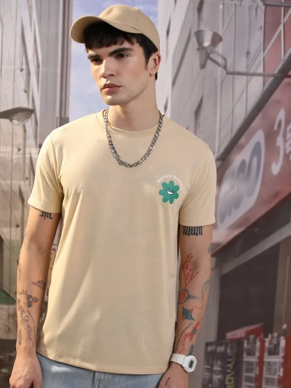  Ketch Men Beige Printed Round Neck T-Shirts