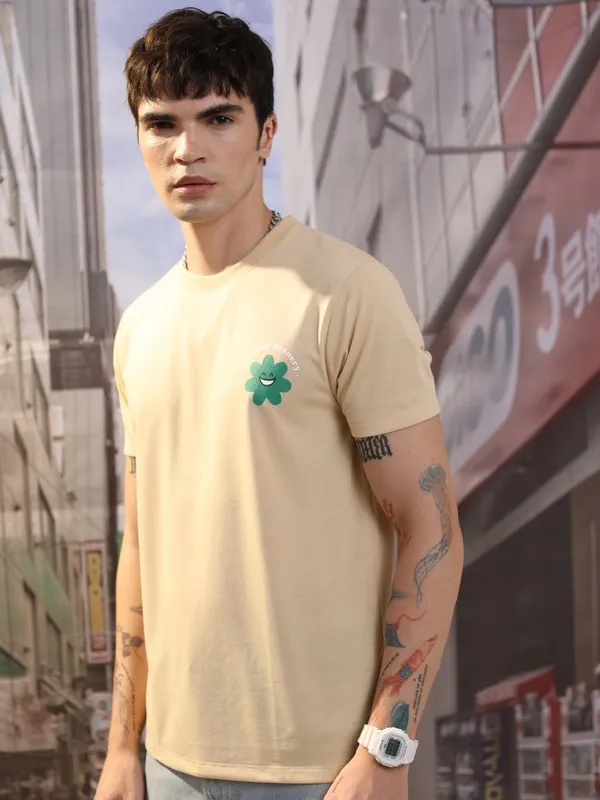  Ketch Men Beige Printed Round Neck T-Shirts