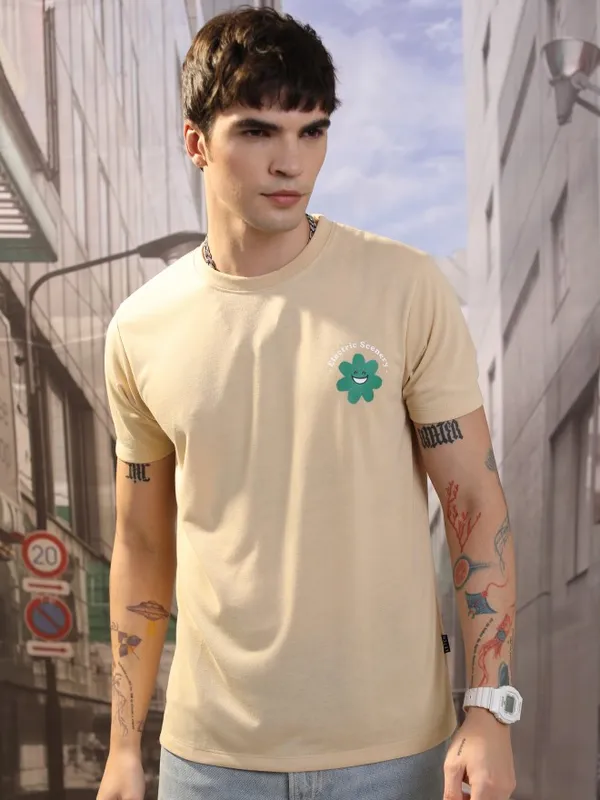  Ketch Men Beige Printed Round Neck T-Shirts