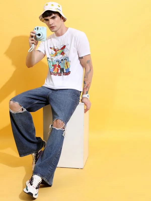  Ketch Men White Printed Round Neck T-Shirts