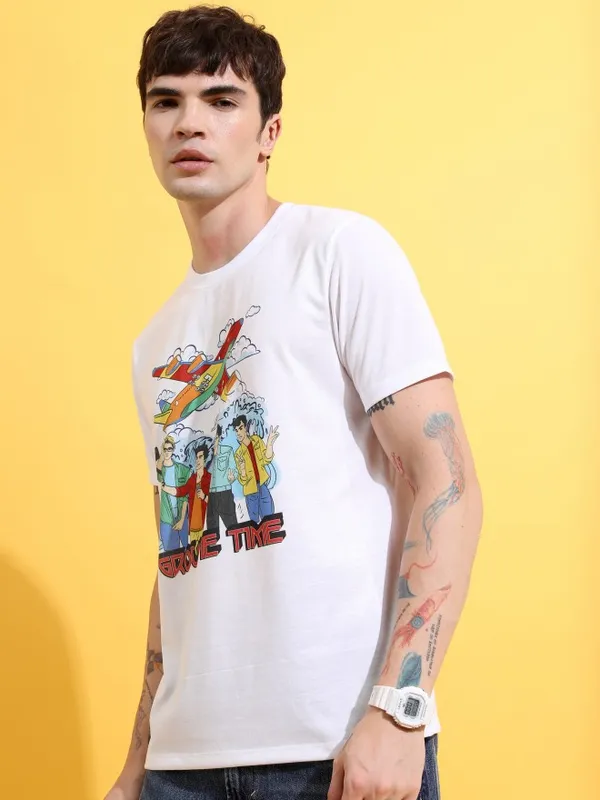  Ketch Men White Printed Round Neck T-Shirts