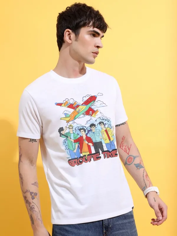  Ketch Men White Printed Round Neck T-Shirts
