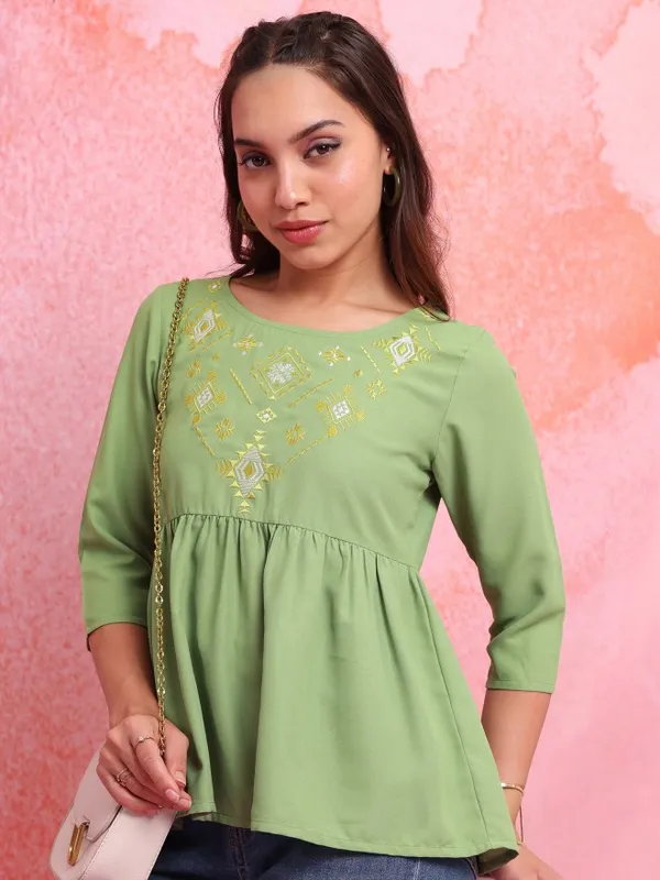  Vishudh Women Green Self Design Peplum Tops
