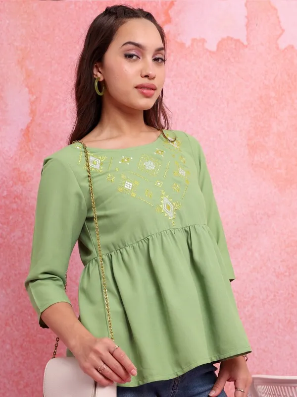  Vishudh Women Green Self Design Peplum Tops