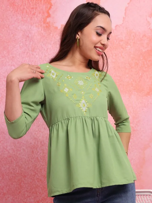  Vishudh Women Green Self Design Peplum Tops