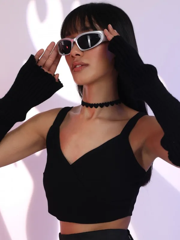 Tokyo Talkies Women Black Solid Fitted Top