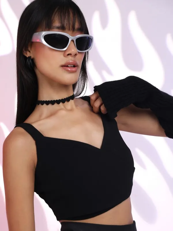 Tokyo Talkies Women Black Solid Fitted Top