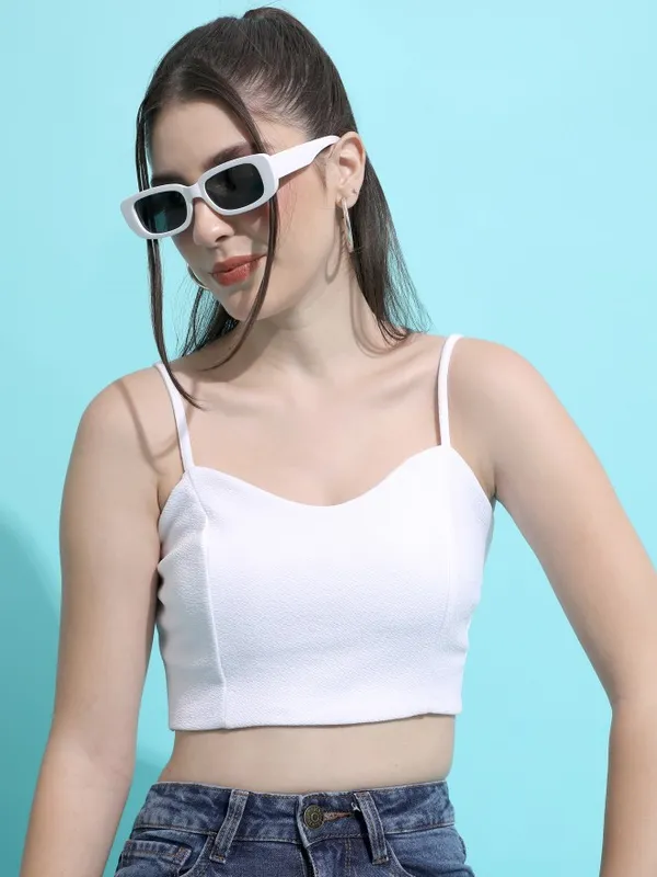 Tokyo Talkies Women White Solid Fitted Top
