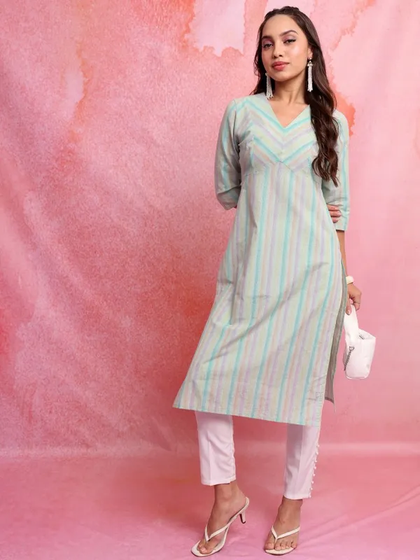  Vishudh Women Blue Striped Straight Kurtas