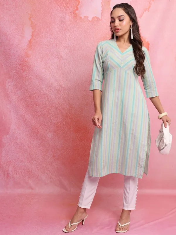  Vishudh Women Blue Striped Straight Kurtas