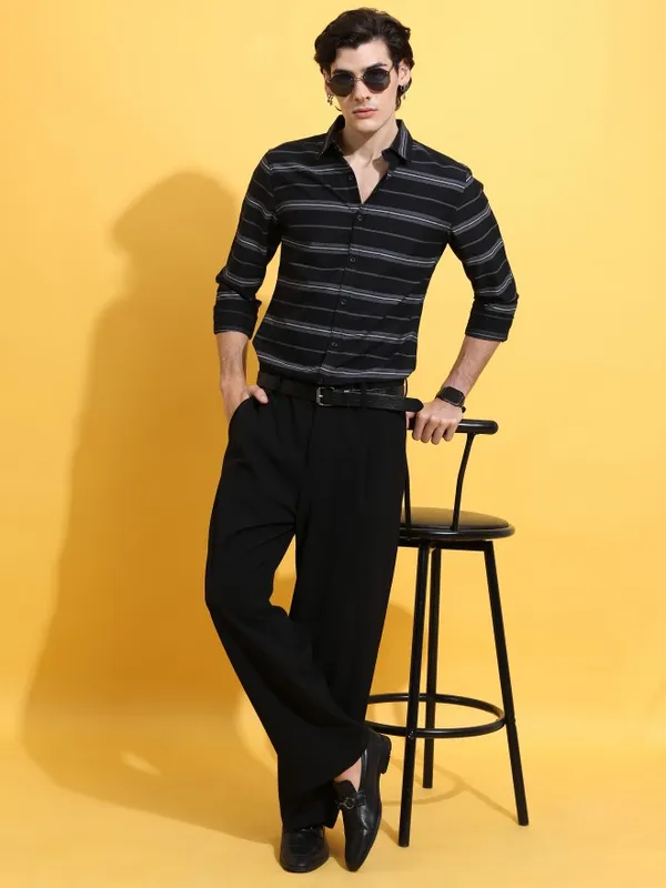  Highlander Men Black Striped Slim Fit Casual Shirts