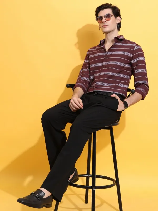  Highlander Men Maroon Striped Slim Fit Casual Shirts