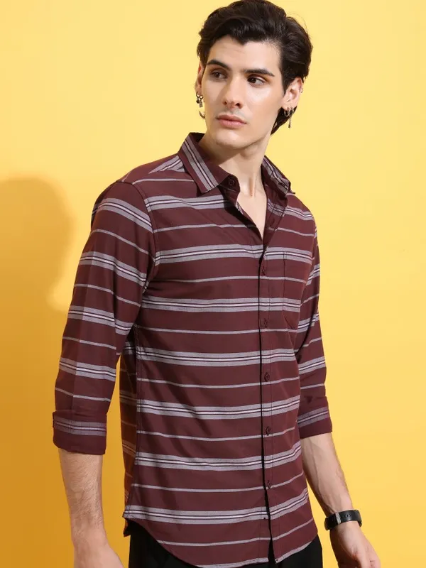  Highlander Men Maroon Striped Slim Fit Casual Shirts