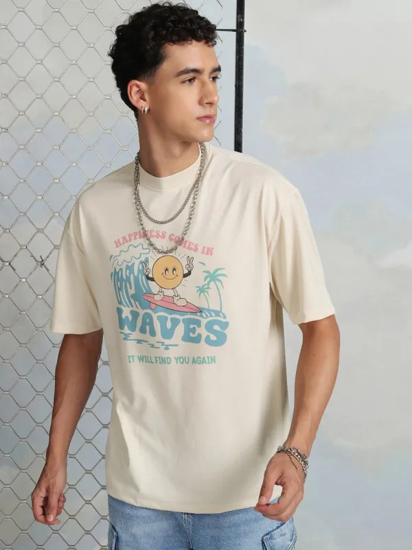 Highlander Men Cream Printed Round Neck T-Shirt