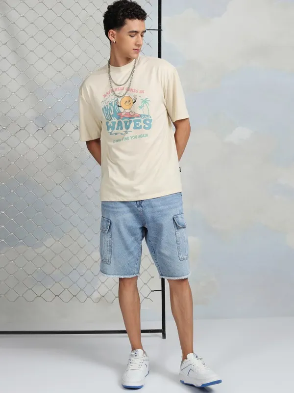 Highlander Men Cream Printed Round Neck T-Shirt