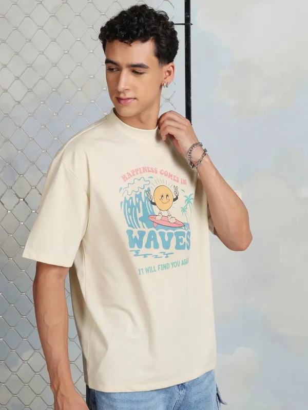 Highlander Men Cream Printed Round Neck T-Shirt