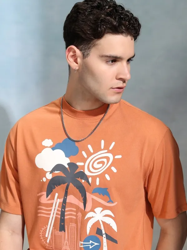 Highlander Men Orange Printed Round Neck Oversized Fit T-Shirt