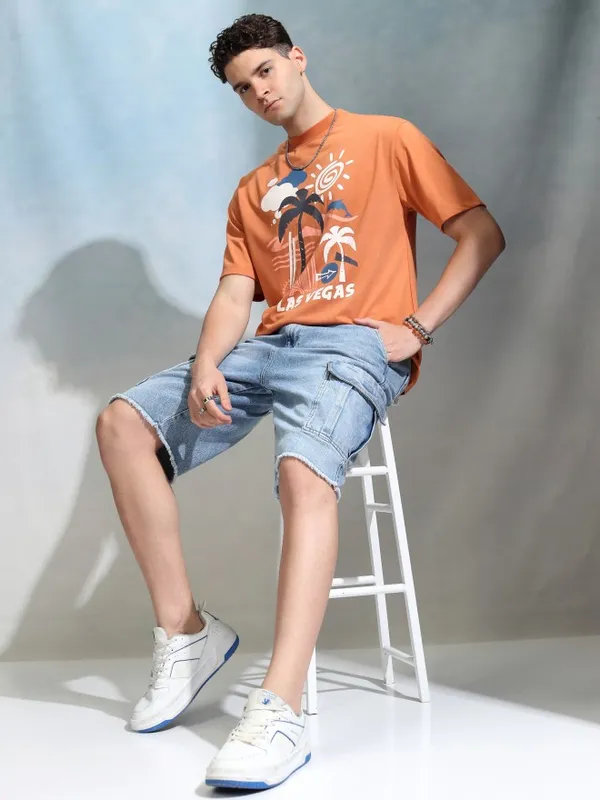 Highlander Men Orange Printed Round Neck Oversized Fit T-Shirt